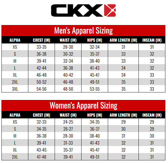 CKX Apparel Adult size chart