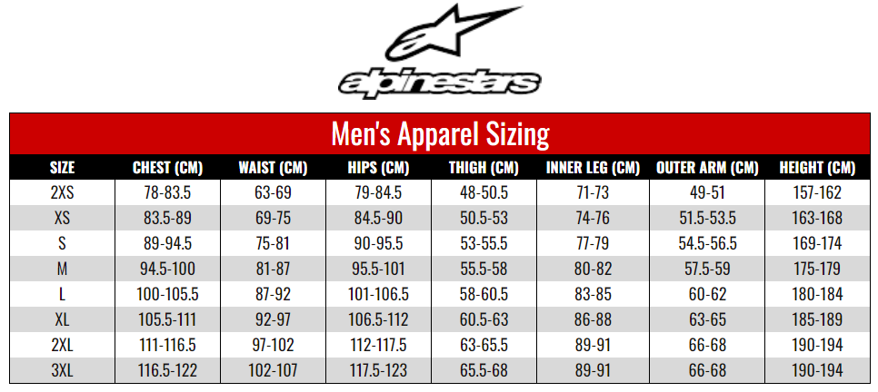 Alpinestars Men's Apparel size chart