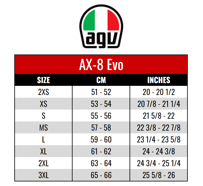 AGV: AX-8 EVO size chart