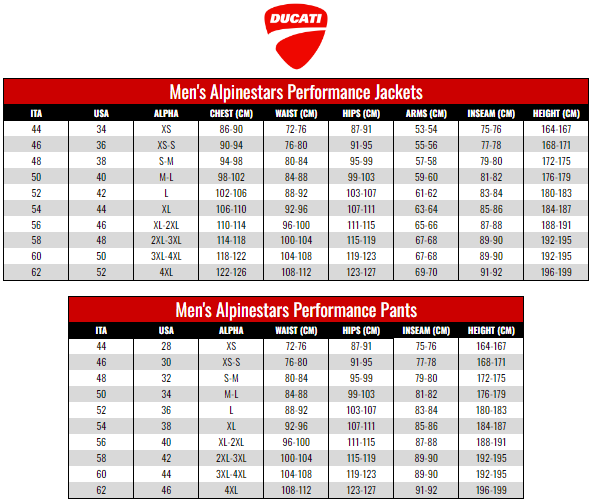 Ducati Men's Performance Wear - Alpinestars size chart