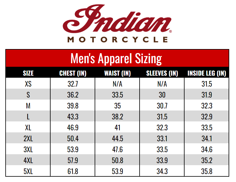 Indian Motorcycle Men's Wear size chart