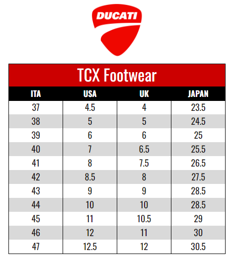 Ducati Footwear - TCX size chart
