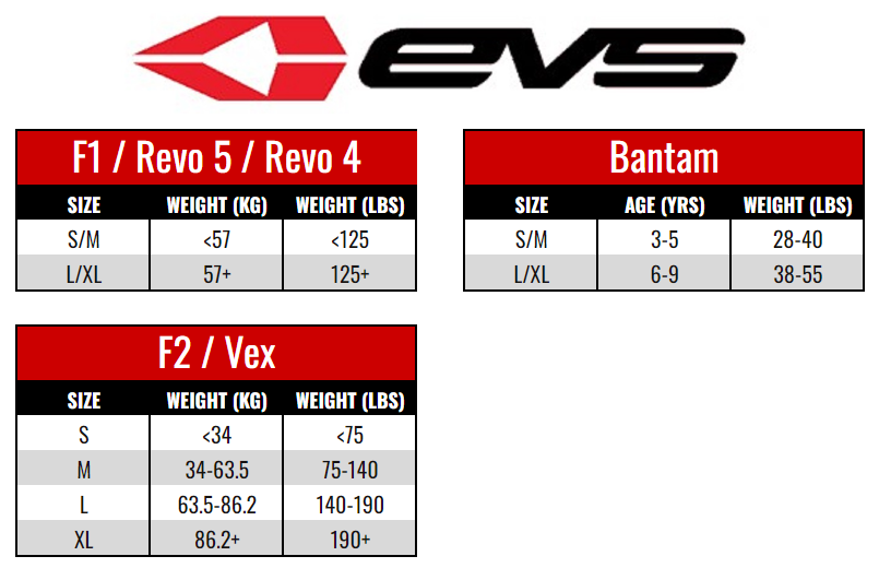 EVS Roost Deflectors size chart