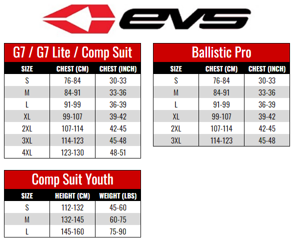 EVS Ballistic Jerseys size chart
