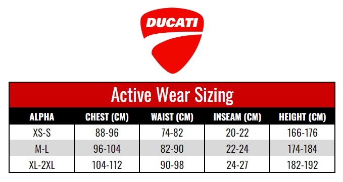 Ducati Active Wear size chart