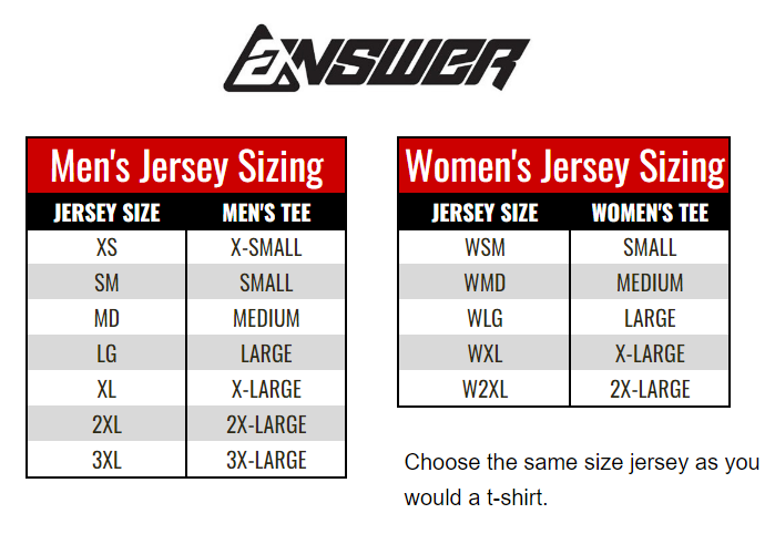 Answer Racing Adult Jerseys size chart