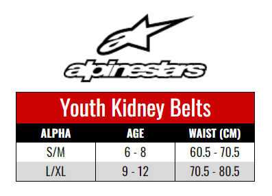 Alpinestars Youth Kidney Belts size chart