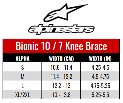 Alpinestars Adult Protectors - Bionic 10 / 7 Knee size chart