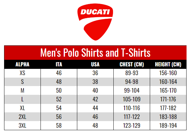 Ducati Men's Polos & T-Shirts size chart