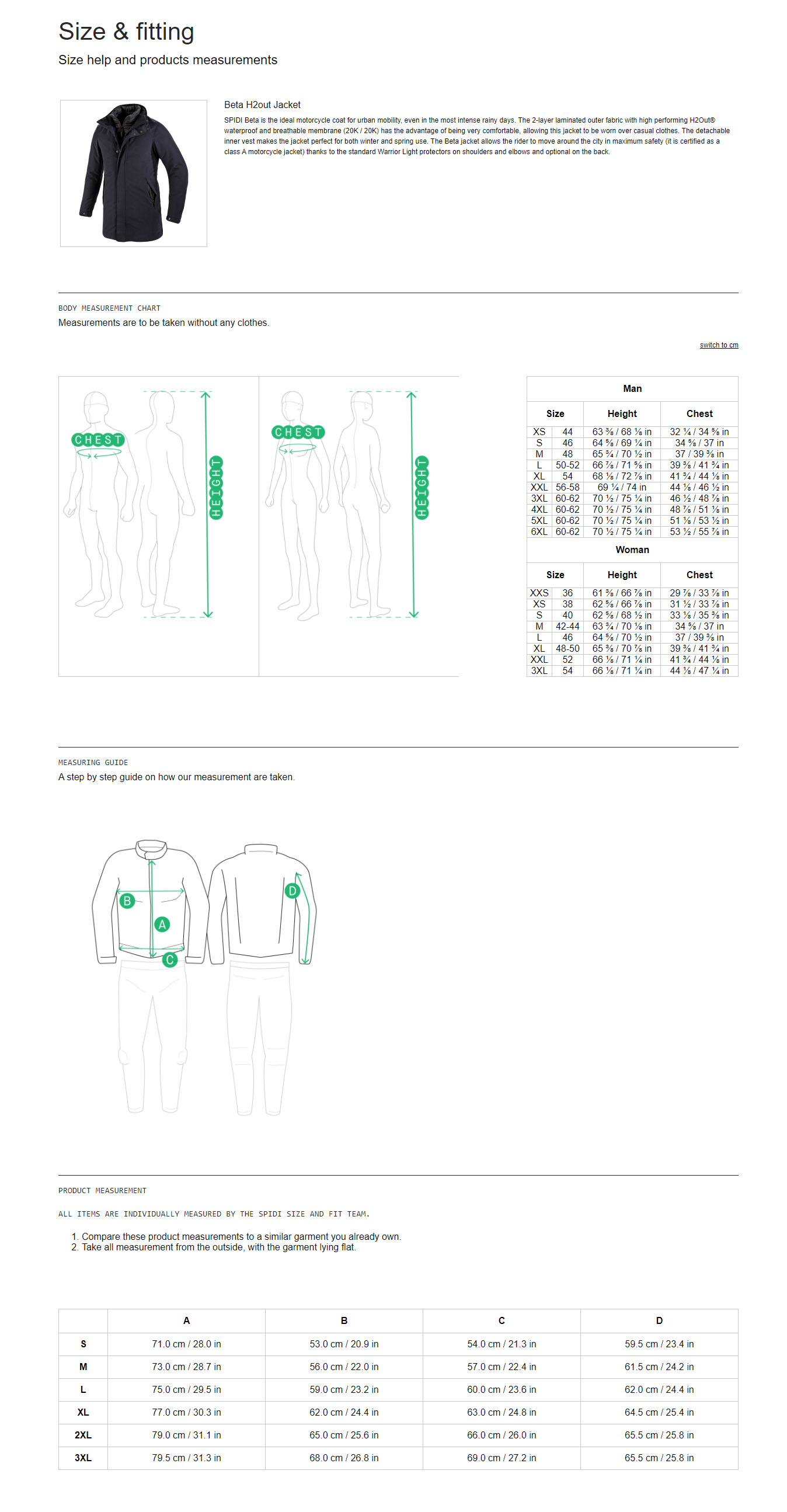 Spidi Beta H2out Jacket Size Chart size chart