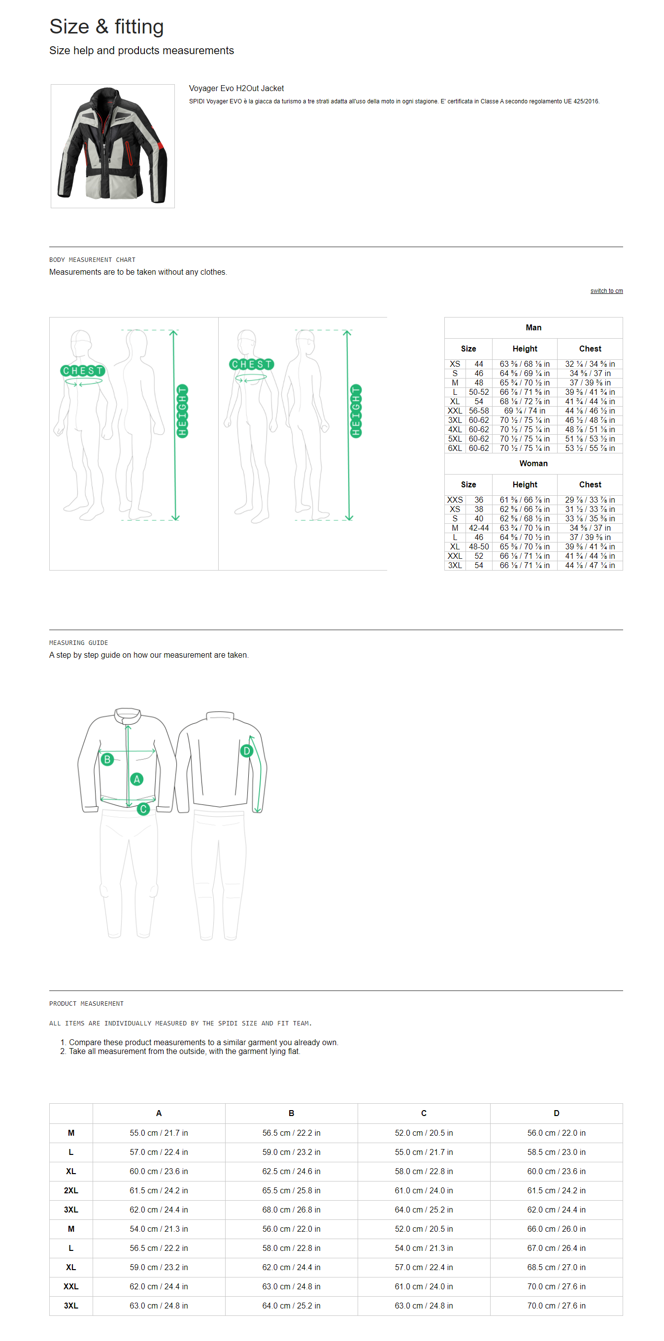 Spidi Voyager Evo H2Out Jacket Size Chart size chart