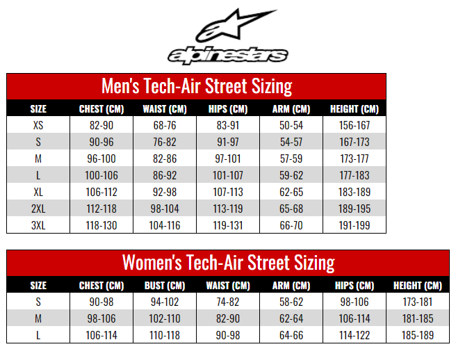 Alpinestars Tech-Air Street size chart