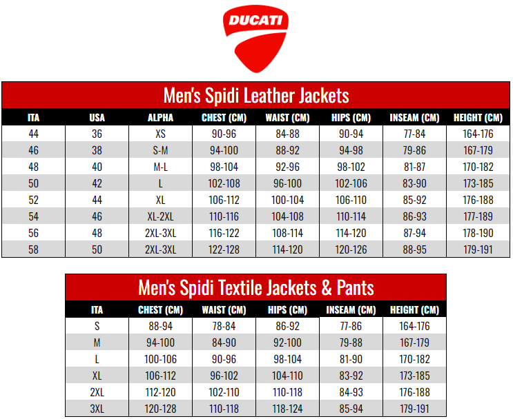 Ducati Men's Performance Wear - Spidi size chart