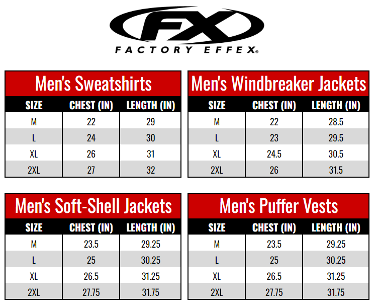 Factory Effex Men's Sweaters/Jackets size chart